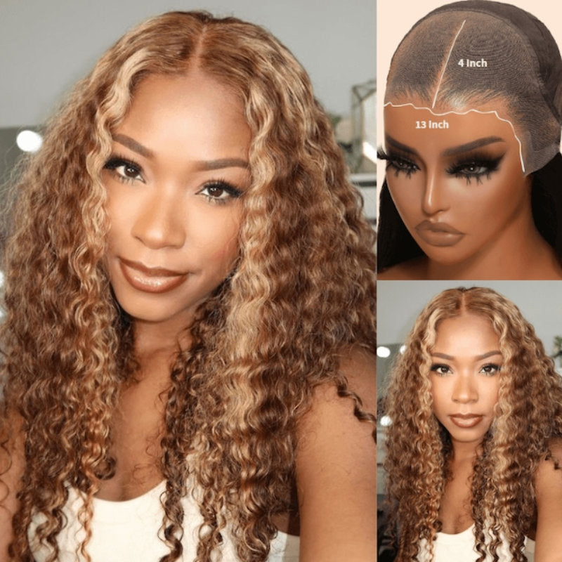 Flash Sale Sunber Honey Blonde Highlight Pre Cut Lace Front Curly Wigs