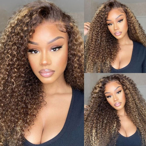 Flash Sale Sunber Honey Blonde Highlight Pre Cut Lace Front Curly Wigs 100% Human Hair Wig