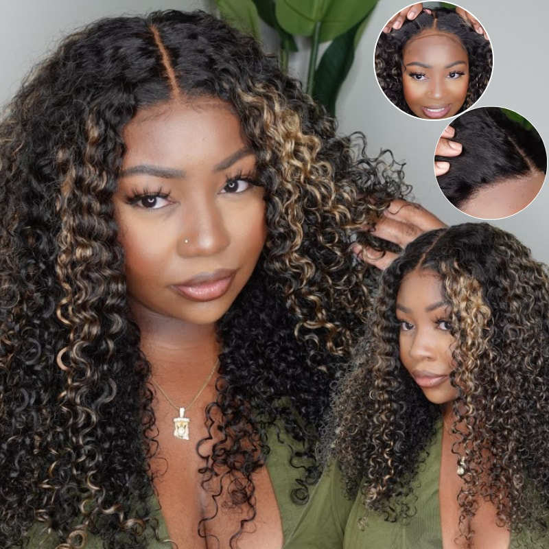 Sunber 7*5 Pre Cut Blonde Highlight Kinky Curly 180% Density Wig Pre-Plucked Flash Sale