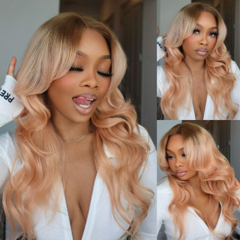  Pinkish Blonde with Brown Roots lace wig