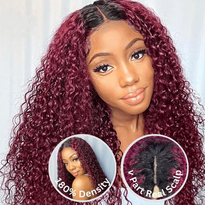 Flash Sale Sunber Ombre 99j Burgundy Colored Jerry Curly V Part Human Hair Wig Luxury Density