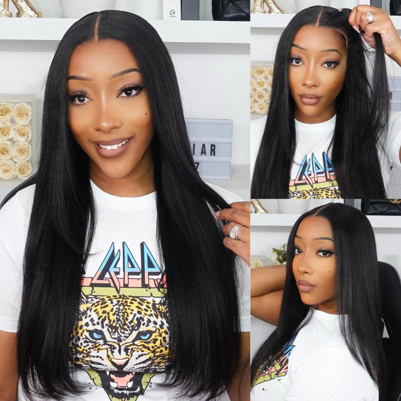 Sunber Yaki Straight Glueless Pre-cut 7x5 Bye Bye Knots Lace Closure Wig With Bleach Knots