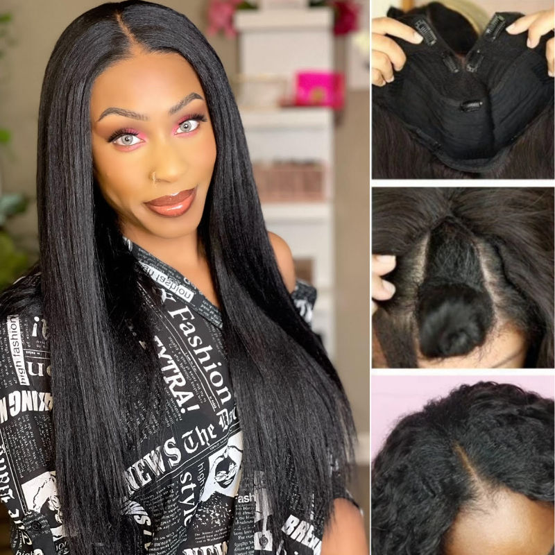 Sunber Yaki Straight V Part Wigs Versatile No Leave Out Glueless Human Hair Flash Sale