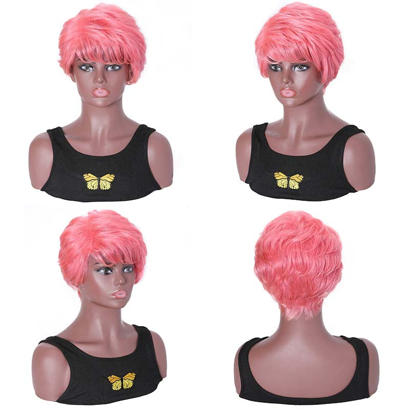 Sunber Pink Curly Human Hair Short Pixie Wigs With Side Part 150% Density 8 Inch