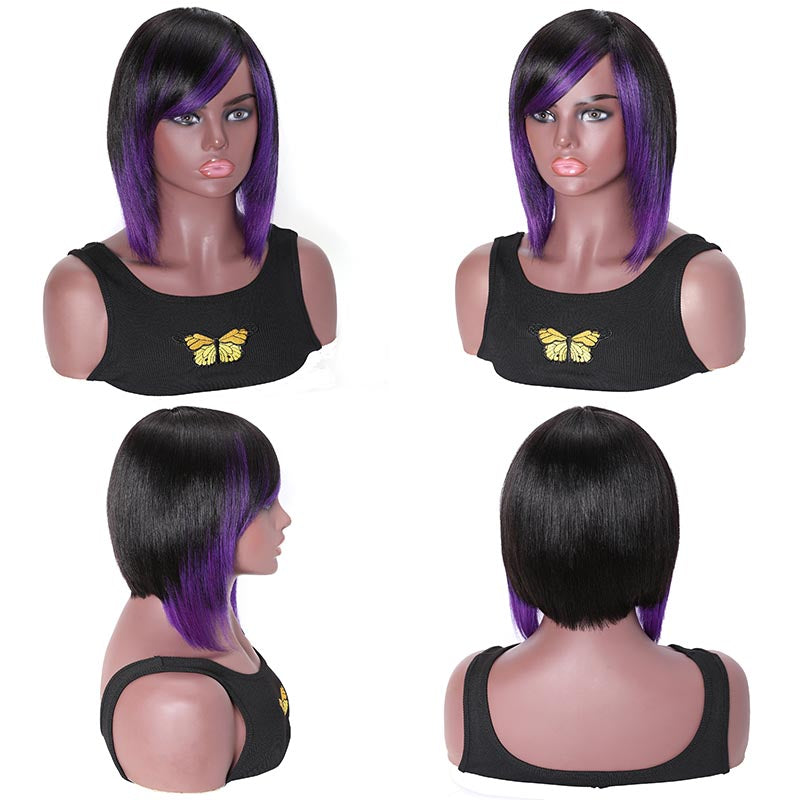 Sunber Highlight Purple Color Layered Bob Wigs With Side Bangs Straight Hair Glueless Wig 150% Density