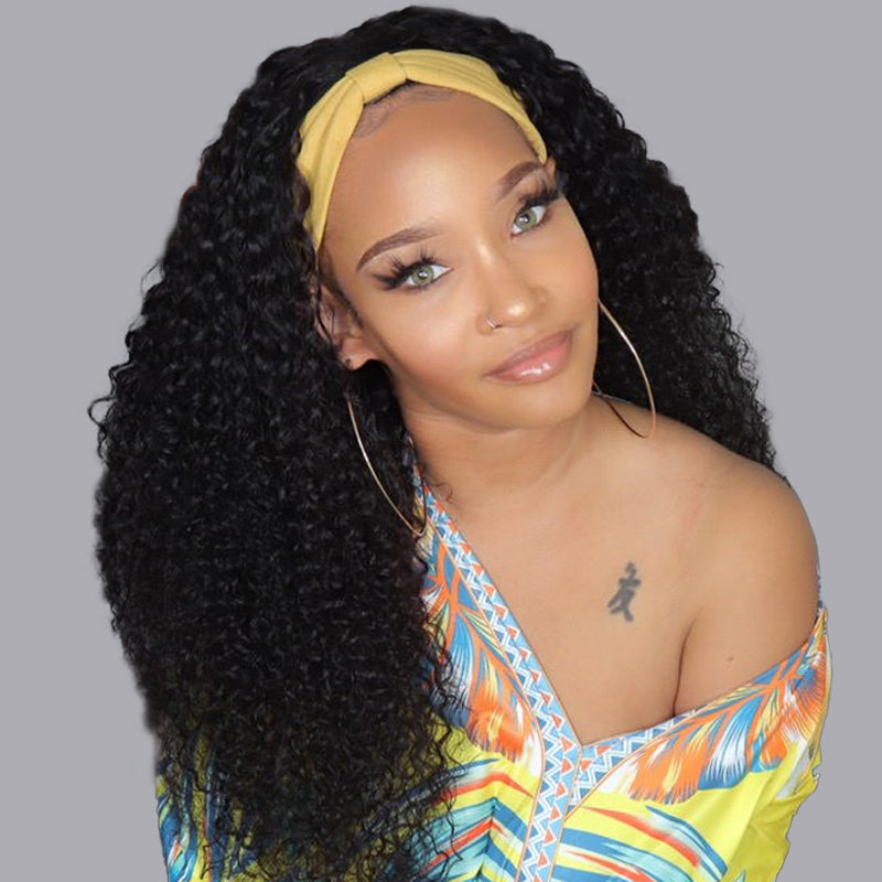 Sunber Jerry Curly Scarf Wigs 100% Human Hair Wig No Glue No Sew In Headband Wig for Women