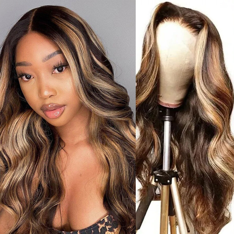 Sunber Honey Blond Highlight 13X4 Human Hair Wig With Bangs Body Wave Virgin Human Hair