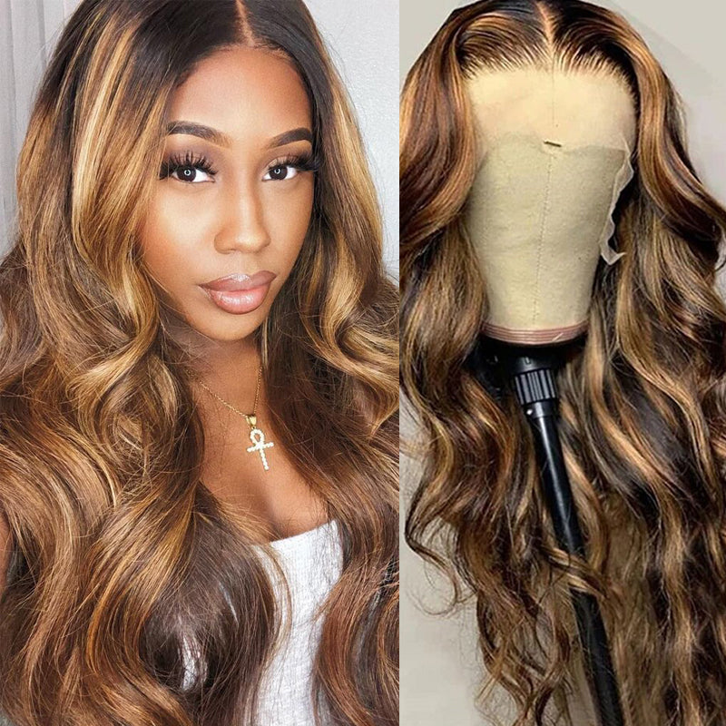 Sunber Honey Blond Highlight 13X4 Human Hair Wig With Bangs Body Wave Virgin Human Hair