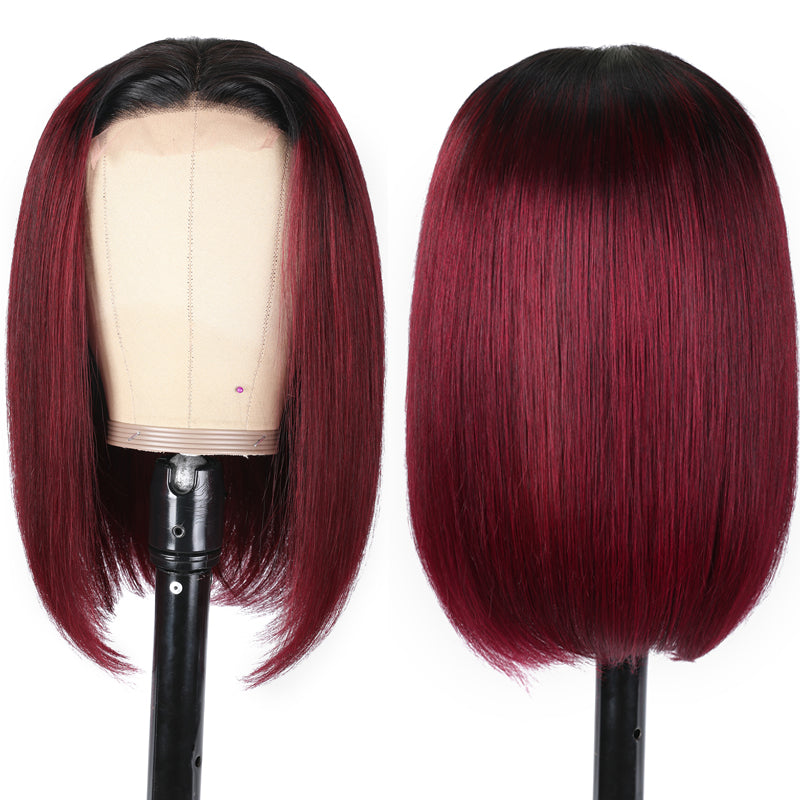 Sunber Ombre Red Burgundy Color Short Bob Wigs Lace Closure Human Hair Wigs