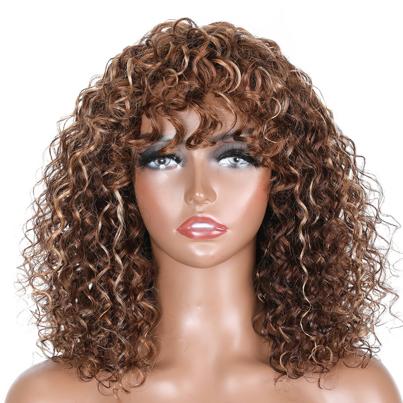 Sunber Bouncy Curl Short Bob Wigs With Bangs No Lace No Glue Human Hair Wigs