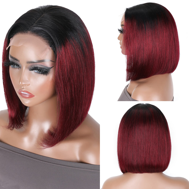 Sunber Ombre Red Burgundy Color Short Bob Wigs Lace Closure Human Hair Wigs