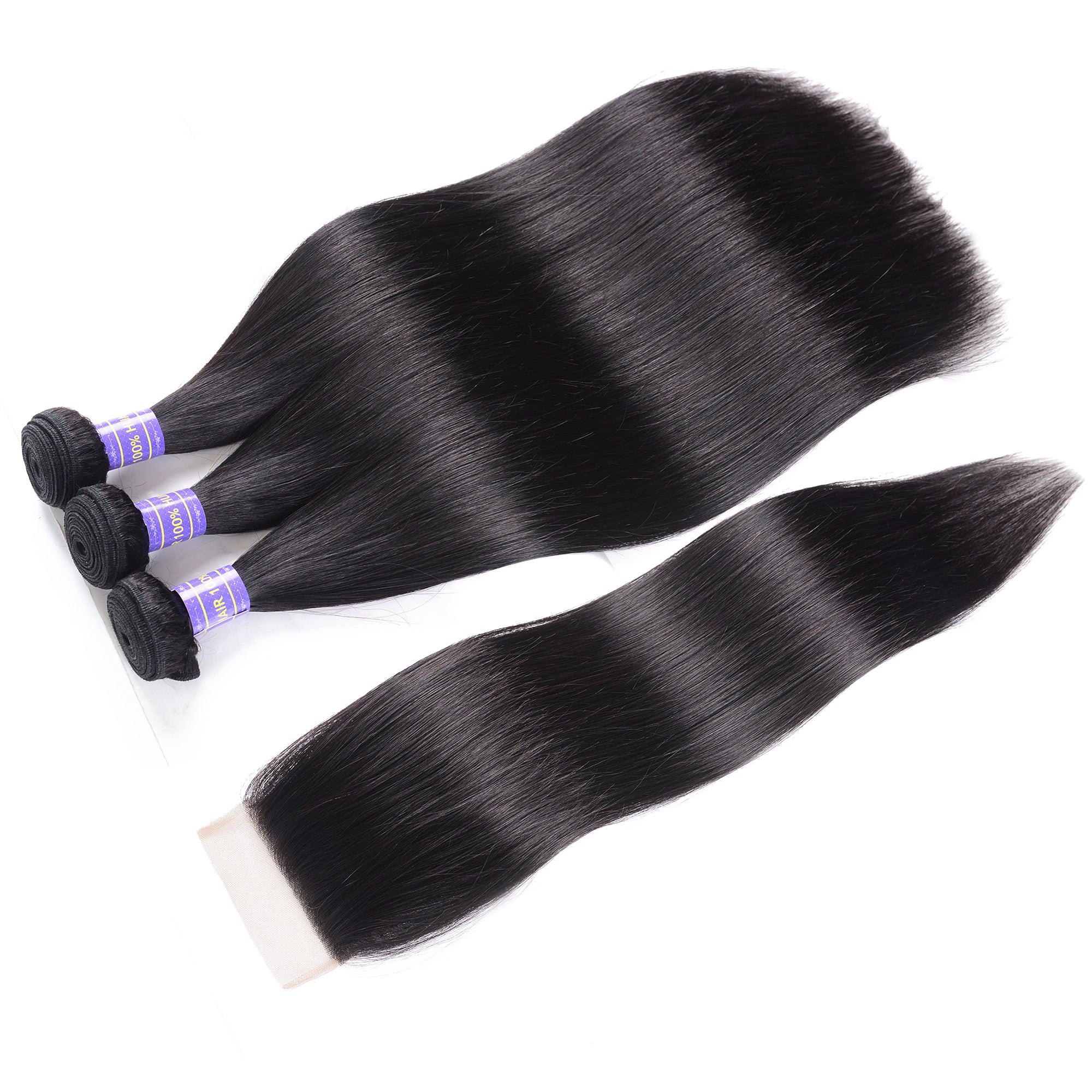 Sunber Hair Malaysian Silky Straight Hair 3 Bundles Remy Human Hair with 4x4 Swiss Lace Closure