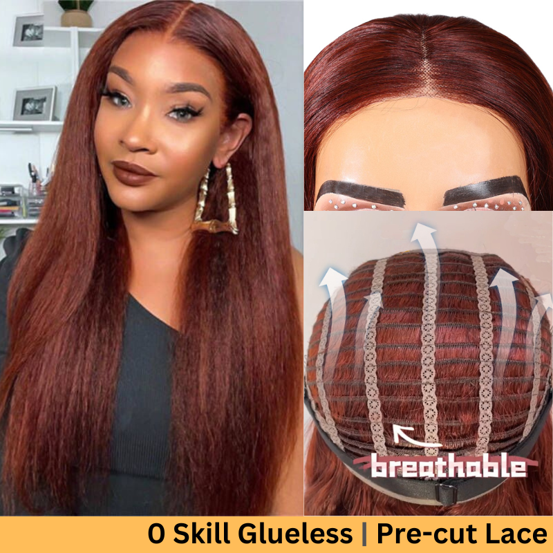 Sunber Kinky Straight Reddish Brown 6*4.75 Pre-Cut Lace Closure Wig With Breathable Cap