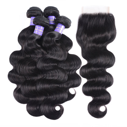 Sunber Hair Brazilian Body Wave Remy Human Hair 4 Bundles With 4*4 Lace Closure 100% Human Hair Extensions