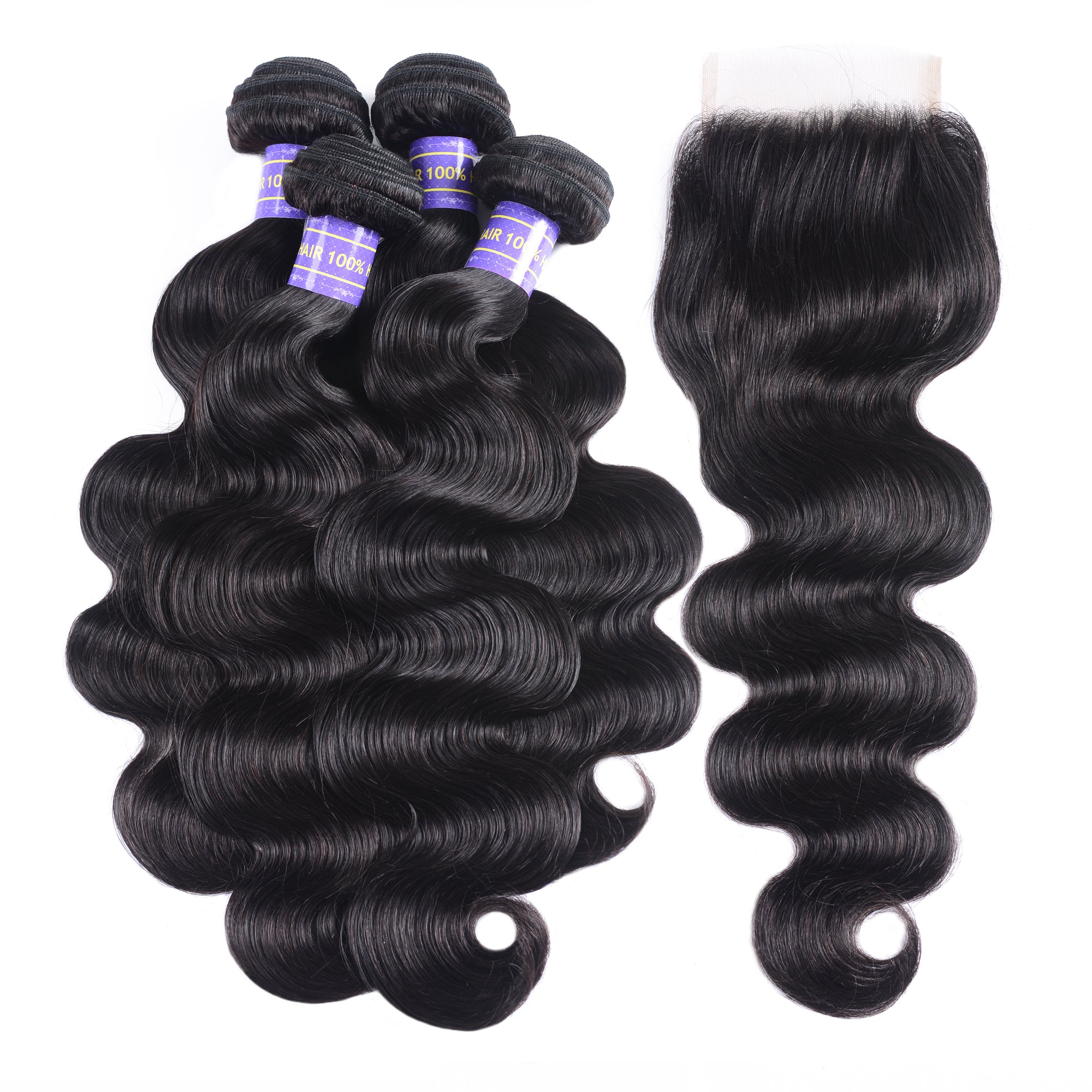 Sunber Hair Remy Human Hair Black Peruvian Body Wave Hair 4 Bundles with Lace Closure 100% Affordable Human Hair