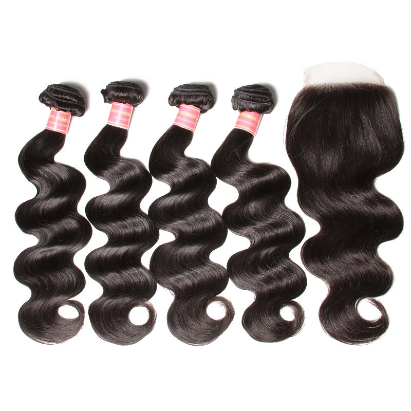 Sunber Hair Body Wave Hair 4 Bundles With 4*4 Transparent Lace Closure, 100% Human Virgin Hair Bundles