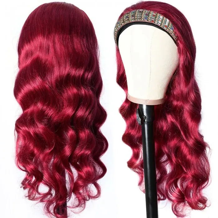 Sunber Burgundy 99J Color Headband Wig Body Wave Hair Wigs With Pre-attached Scarf Glueless None Lace Front Human Hair Wigs