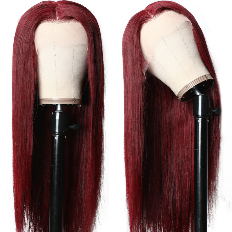 Sunber Dark 99J Burgundy Color 13x4 Lace Front Wigs 7/5 Bye Bye Knots Pre Plucked Long Straight Human Hair Wigs