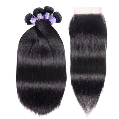 Sunber Hair Malaysian Remy Human Hair Black Color Silky Straight Hair 4 Bundles With 4x4 Lace Closure