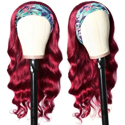 Sunber Burgundy 99J Color Headband Wig Body Wave Hair Wigs With Pre-attached Scarf Glueless None Lace Front Human Hair Wigs