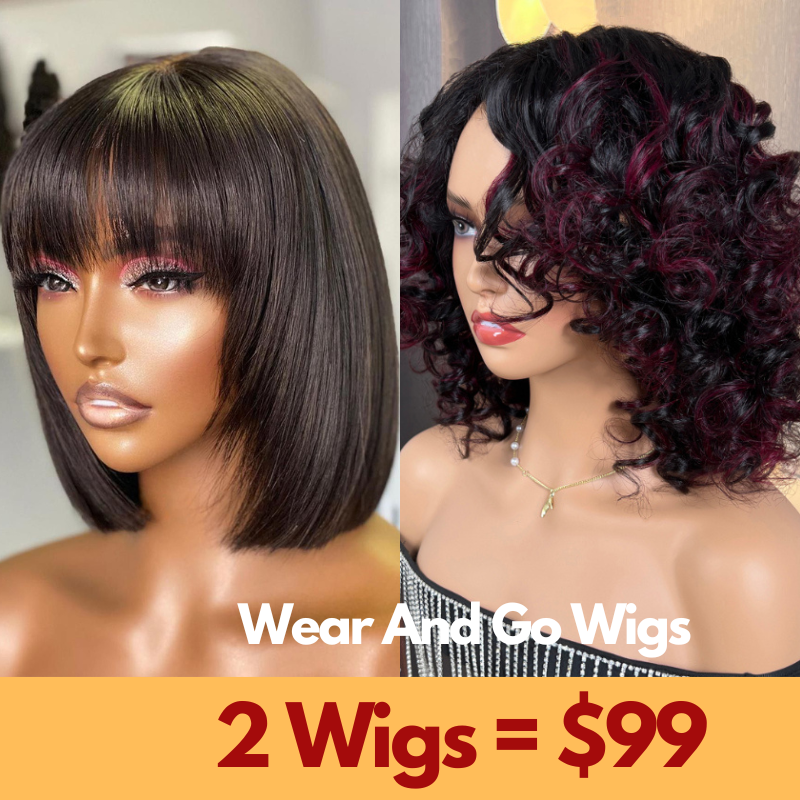 2 Wigs $99 Sunber Straight Bob With Bangs And Highlight Burgundy Bouncy Curl Wigs Flash Sale