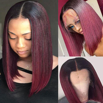 Sunber Ombre Red Burgundy Color Short Bob Wigs Lace Closure Human Hair Wigs