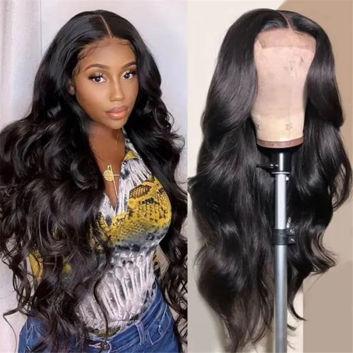 Sunber 4x4 Hand Tied Lace Part Body Wave Realistic Human Hair Wigs 150% Density