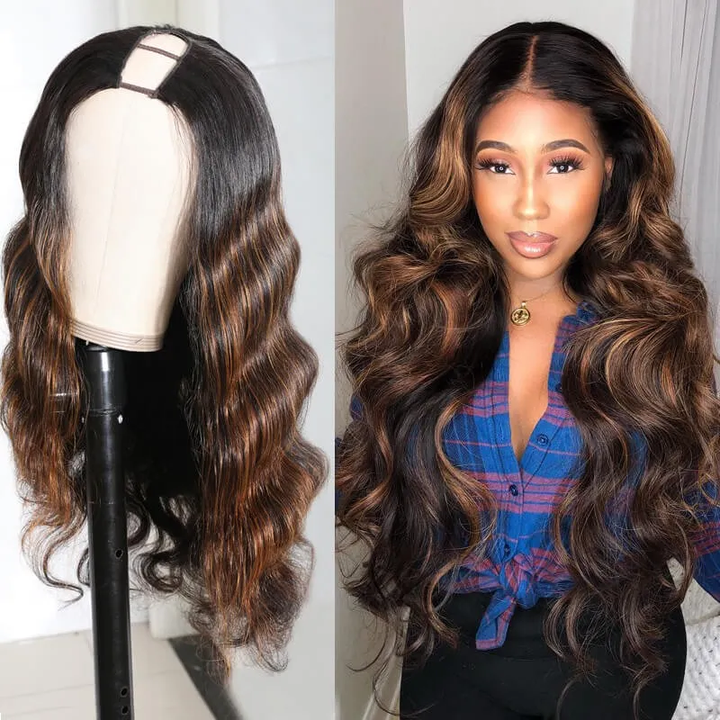 Sunber Mix Brown Highlight U Part Wigs Body Wave Wigs Flash Sale