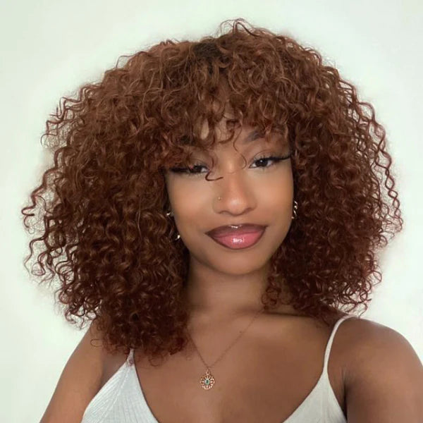 Sunber Bouncy Curl Short Bob Wigs With Bangs No Lace No Glue Human Hair Wigs