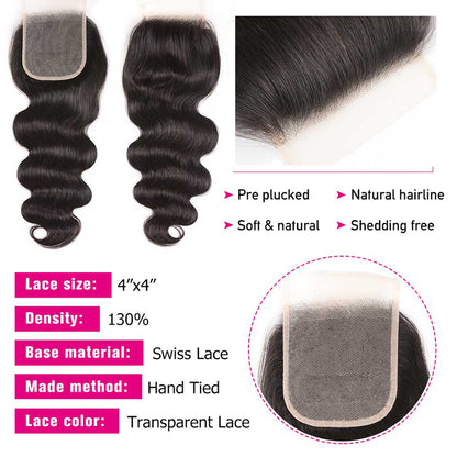 Sunber Hair 3 Bundles With 4*4 Transparent Lace Closure Body Wave Hair