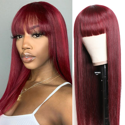 Sunber 99J Wine Red Silk Straight Human Hair Wig with Bangs Flash Sale New Customer Exclusisve