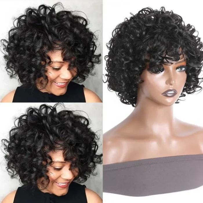 Sunber Fluffy Curls Short Human Hair Wigs with Bangs Glueless Pixie Cuts Wigs