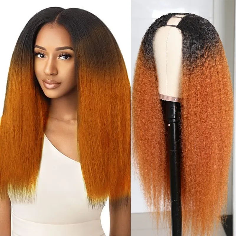 Clearance Sale Ombre Ginger Color U Part Wig Kinky Straight Glueless Human Hair Wigs 180% Density