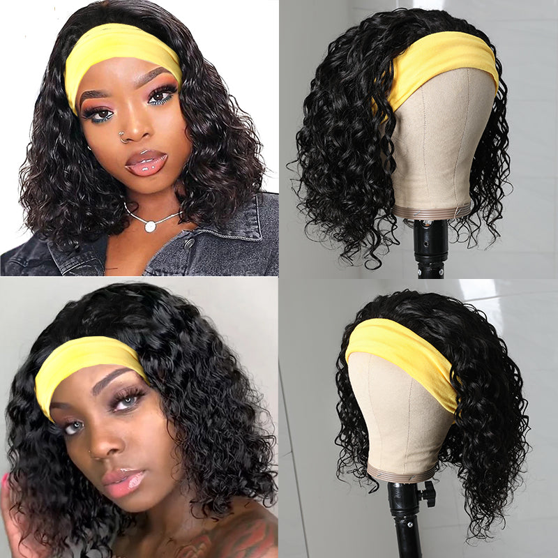 Sunber Short BOB Headband Wigs Water Wave Best Human Hair Wigs Glueless Scarf Wigs