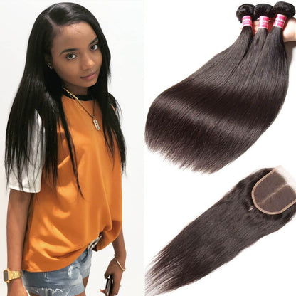 Peruvian Straight Hair Bundles 3 Bundles With 4x4inch Swiss Lace Closure, 8&quot;-30&quot; in stocks - Sunberhair