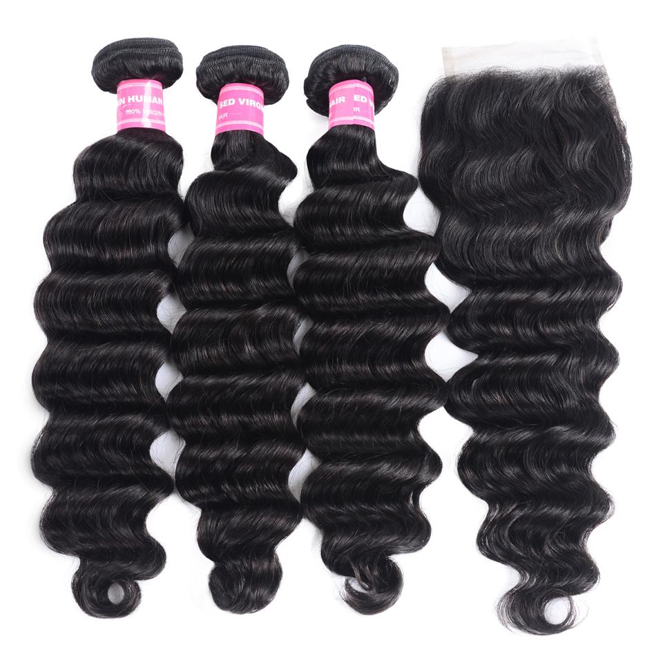 Sunber Hair Brazilian Loose Deep Wave 3 Bundles Hair with 4*4 Lace Closure Deals