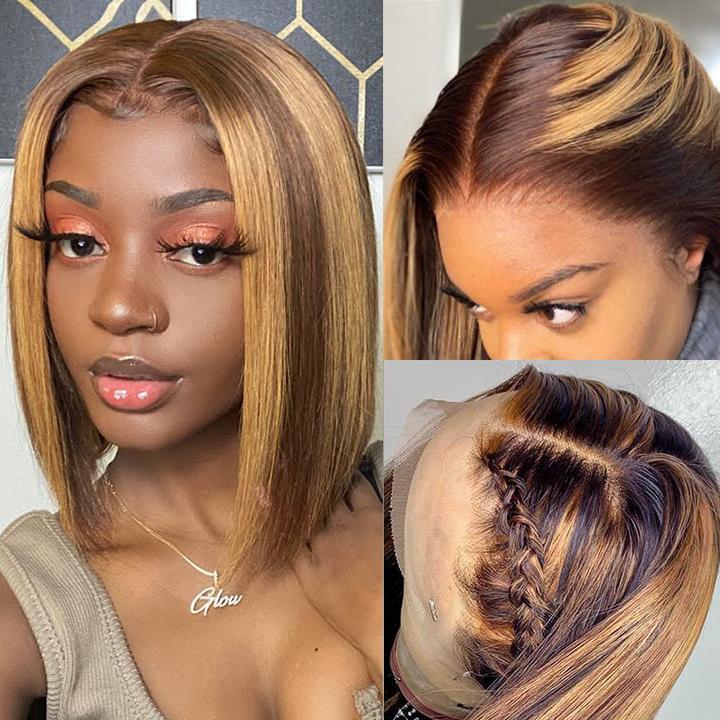 Sunber Straight Highlight Bob 13x4 Lace Front Wig With Caramel Highlights Flash Sale