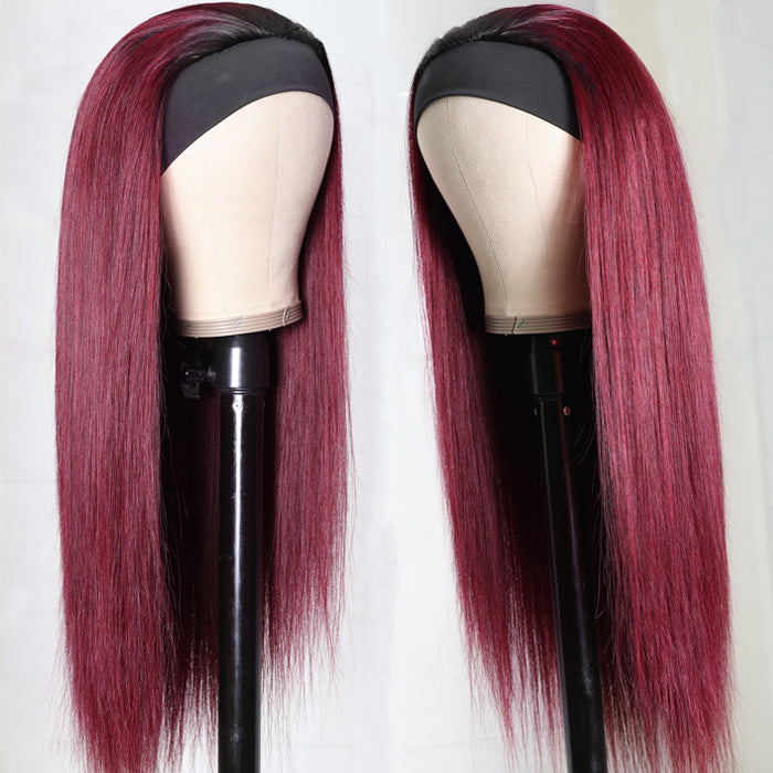 Sunber Ombre 99J Burgundy Color Straight Headband Wigs with Black Root 150% Density Glueless Human Hair Wigs