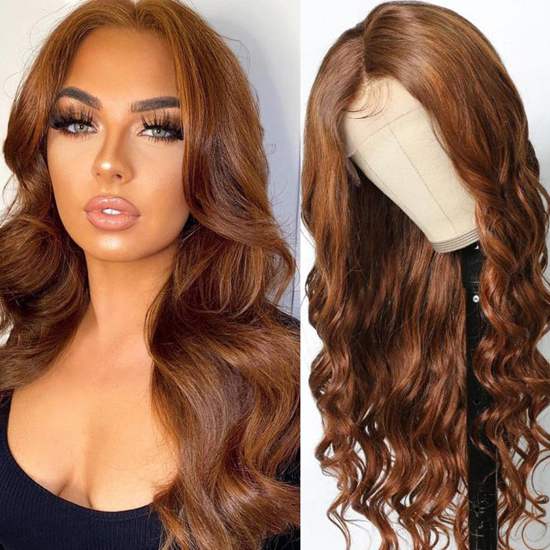 Sunber Voluminous Bouncy Curls Loose Wave Wigs Auburn Highlight Color Lace Front Wigs 180% Density