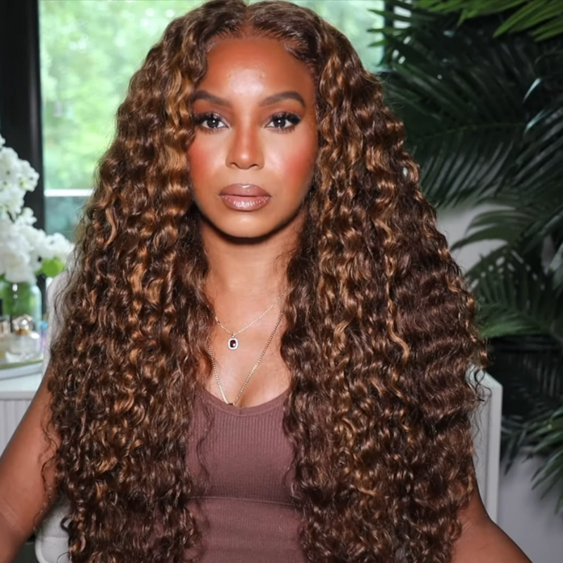 Sunber Piano Brown Highlight Big Curly 13 by 4 Lace Frontal Wigs