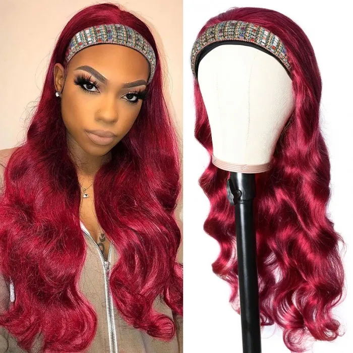 Sunber Burgundy 99J Color Headband Wig Body Wave Hair Wigs With Pre-attached Scarf Glueless None Lace Front Human Hair Wigs