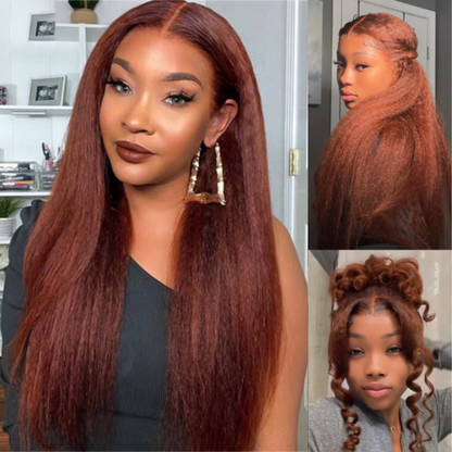 Flash Sale Sunber Kinky Straight Reddish Brown Lace Front Wig Dark Auburn Copper Color Human Hair Wigs