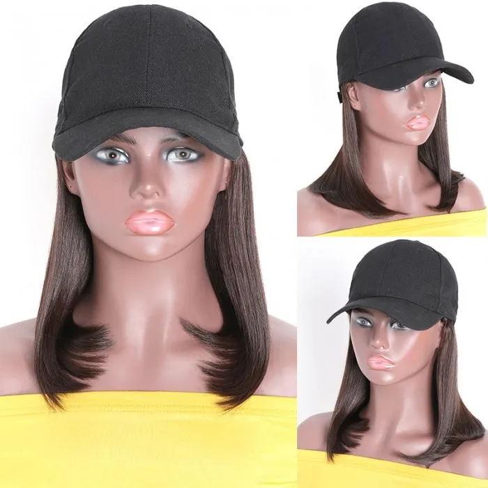 Sunber Straight Cap Wigs with Baseball Hat Natural Black Virgin Glueless Human Hair Wigs