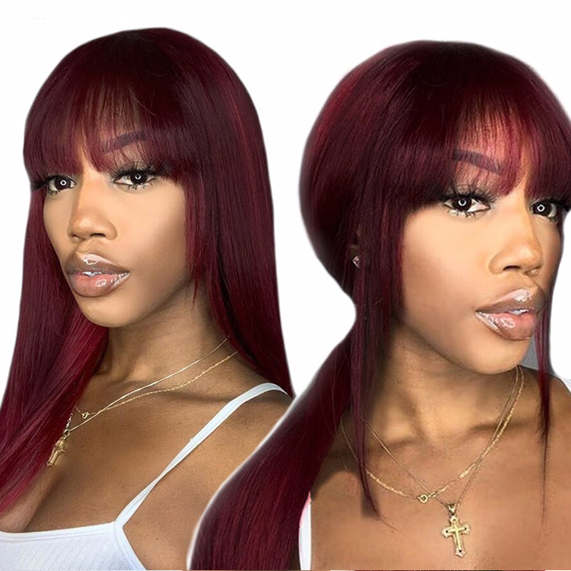 Sunber 99J Wine Red Silk Straight Human Hair Wig with Bangs Flash Sale New Customer Exclusisve