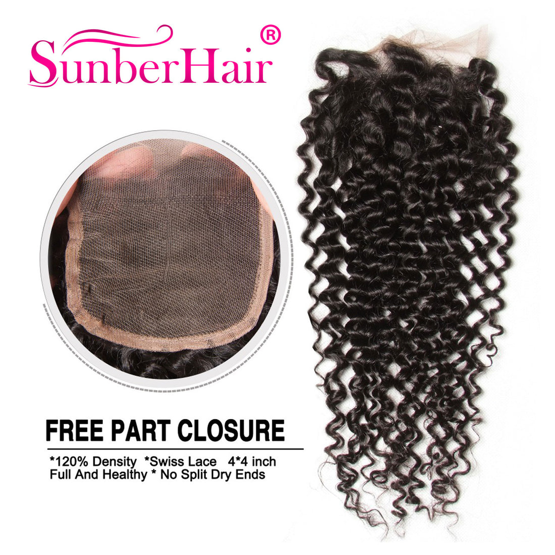 1pcs Curly Hair 4&quot;*4&quot; Lace Closures, Three /Middle /Free Part, Peruvian/Malaysian/Brazilian Hair - Sunberhair