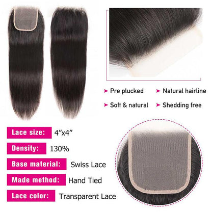 Sunber Hair Straight Hair 4 Bundles With 4*4 Transparent Lace Closure, 100% Human Virgin Hair Bundles