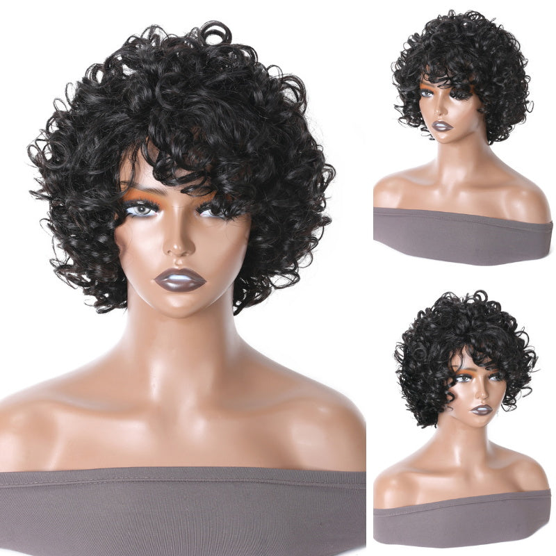 Sunber Fluffy Curls Short Human Hair Wigs with Bangs Glueless Pixie Cuts Wigs Flash Sale