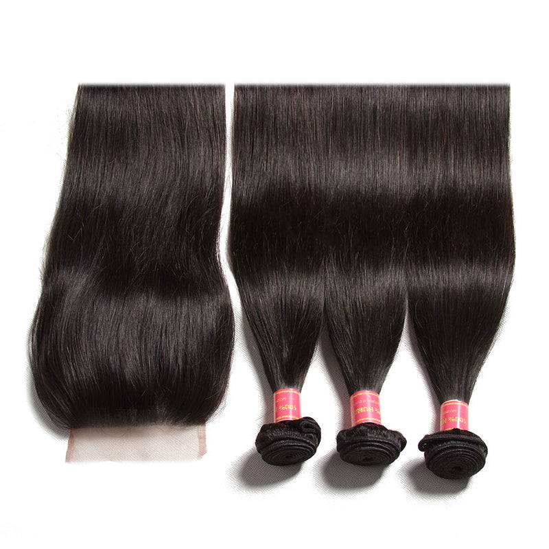 Sunber Hair Brazilian Virgin Hair Silky Straight Hair 3 Bundles Human Hair Weaves With 4x4 Lace Closure