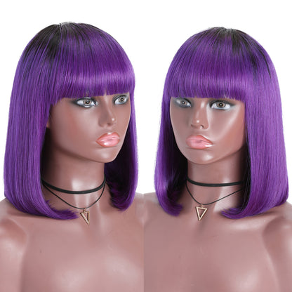 Sunber T1B/Purple Ombre Bob Wig with Dark Roots Short Straight Human hair with Bangs Machine Made Human Hair Wig