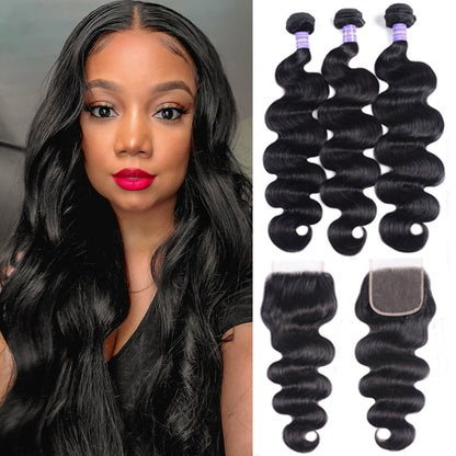 Sunber Malaysian Body Wave 3 Bundles Weaves with 4x4 Lace Closure Affordable Remy Human Hair